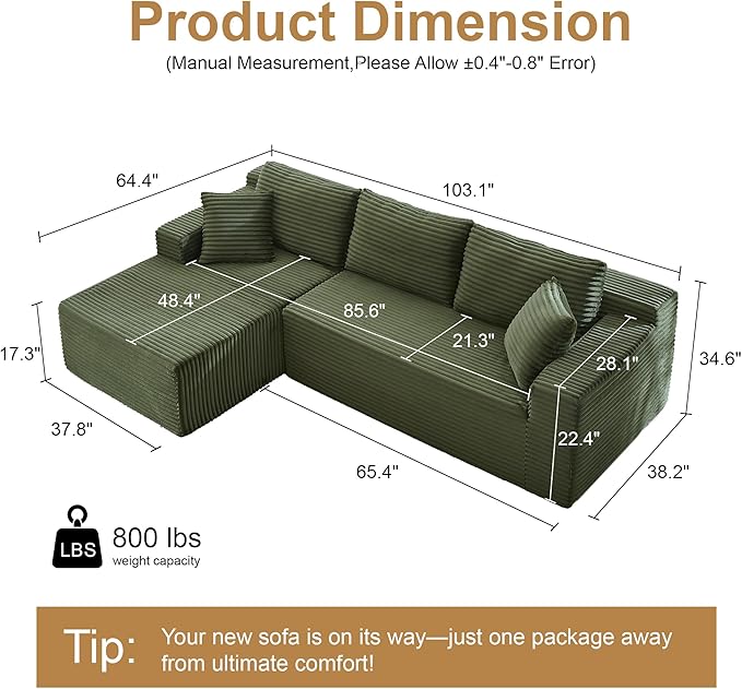 105''Sectional Cloud Couch with L Shaped Chaise,Modern Modular Sectional Sofa,Comfy Sectional Couches for Living Room,Bedroom,Apartment (Green, Left Facing Chaise)