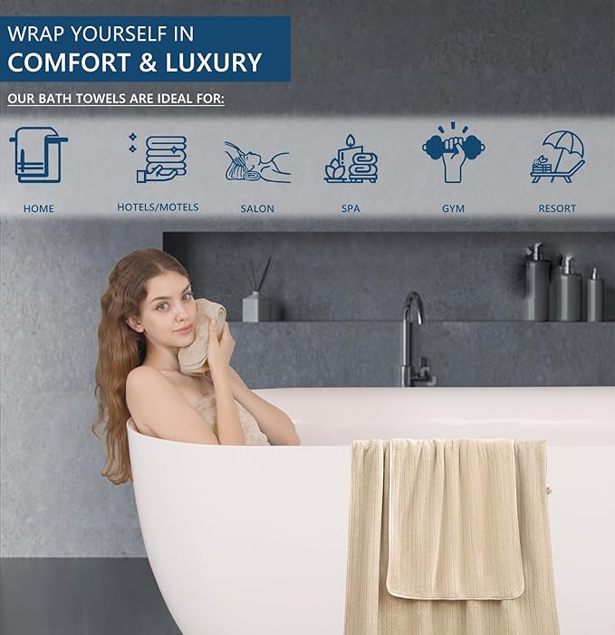 18 Piece Bath Towels Set,Ultra Soft Family Bathroom Towel Set with Hanging Loops-6 Bath Towels,6 Hand Towels,6 Washcloths,Highly Absorbent Quick Dry Shower Towel for Bathroom,Hotel,Spa-Beige Towel Set