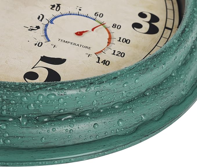zyzamay 16 Inch Green Vintage Indoor/Outdoor Wall Clock with Thermometer & Hygrometer & Waterproof, Large Silent Sweep Numerals, Perfect for Porch, Garden, Pool