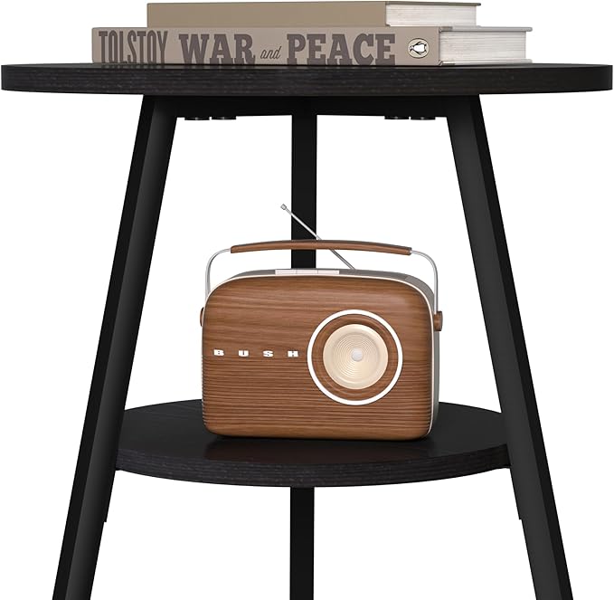 INHABIT UNION Round Side Table 2 Tier End Table Small Accent Table Black Sofa Table for Living Room/Bedroom, with Wooden Boards Storage