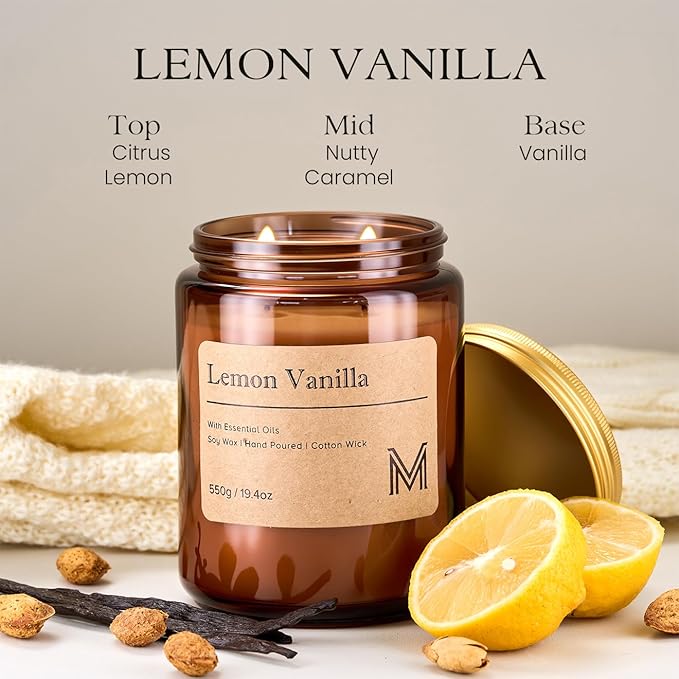 M&SENSE Lemon Vanilla Home Scented Candle | 19.4oz, 115-Hour Burn | Natural Organic Soy Wax | Long-Lasting for Stress Relief and Gifting | for Bedroom,Relaxing SPA,Office
