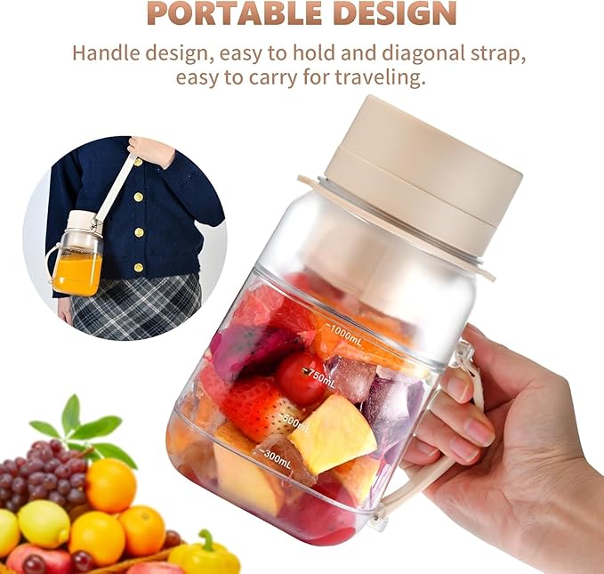 Portable Blender,FOUSIUTIM Personal Blenders for Shakes and Smoothies with34oz Cup, Lid and Shoulder Strap, Type-C USB Rechargeable, Personal Size Blenders BPA-free for Home,Gym/Travel