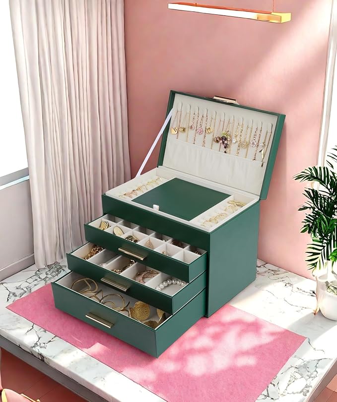 BOOVO Jewelry Boxes for Women, 5 Layer Jewelry Organizer with Necklace Hanger and Drawers, Large Jewelry Box for Earrings, Necklace and Bracelet Storage Gifts for Women and Girls (Green, 5 Layer)
