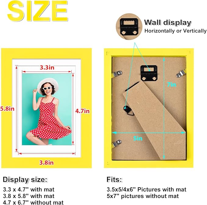 KINLINK 5x7 Picture Frame Yellow, Solid Wood Frames with Acrylic Plexiglass for 3.5x5/4x6 with Mat or 5x7 without Mat, Tabletop and Wall Display Photo Frame, Set of 4