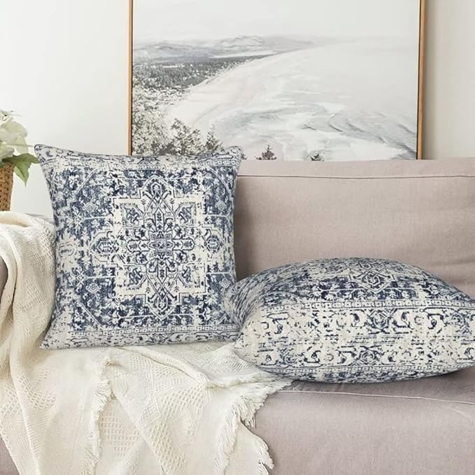 Boho Pillow Covers 16x16 Set of 2, White Navy Blue Carpet Pattern Outdoor Decorative Throw Pillows Ethnic Rustic Farmhouse Linen Cushion Cases for Couch Sofa Decor