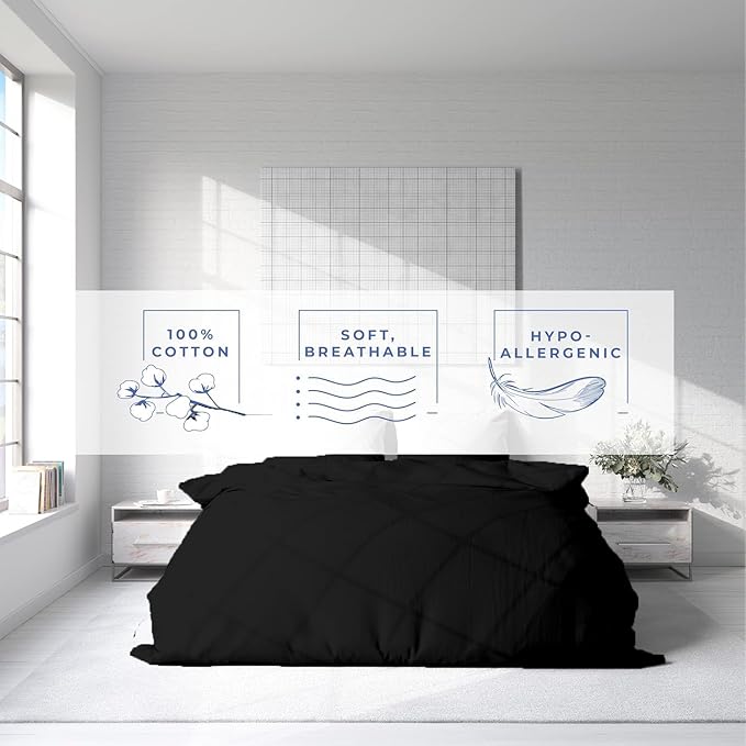 Kotton Culture 1 Pc Queen Size Duvet Cover Only -100% Egyptian Cotton Sateen 600 Thread Count Ultra Soft Premium Durable Comforter Cover Zipper Closure & Corner Ties (Black, Queen/Full 90" X 90")