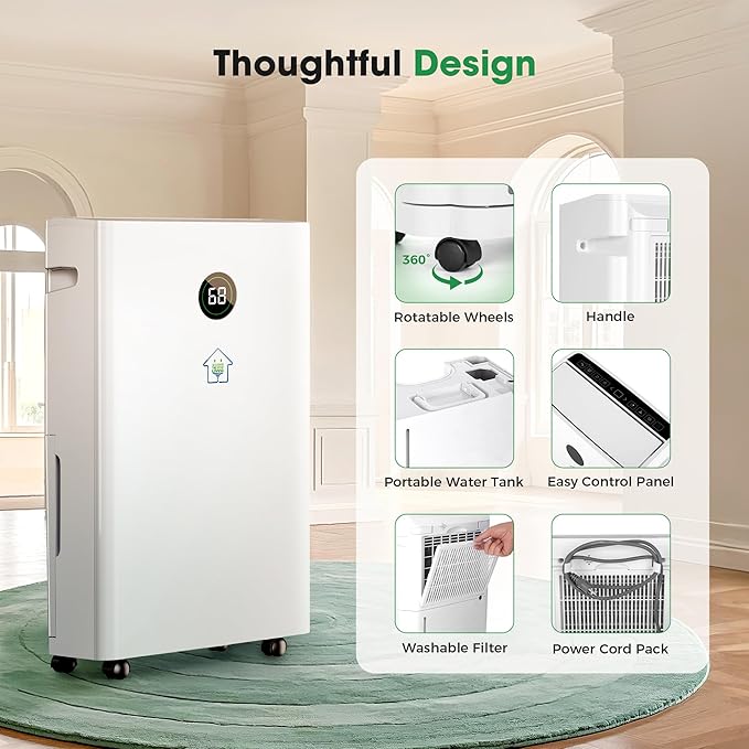 2025 Narrow Dehumidifiers for Home,60 Pints Dehumidifier 6,500 Sq.Ft with 186 OZ Water Tank & Drain Hose for Basement, Bathroom, Bedroom – Smart Humidity Control, 3 Modes, Dry Clothes, 24H Timer
