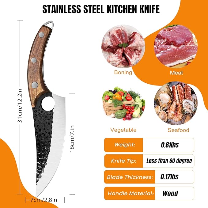 ZENG Butcher Knife Hand Forged Boning Knife with Sheath Viking Style, High Carbon Steel Japanese Chef Knife Meat Cleaver Knife for Kitchen, Camping, Outdoor, BBQ