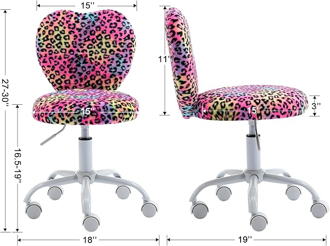 Cute Fuzzy Kids Chair Rolling Study Desk Chair Furry Studing Computer Task Chair Faux Fur Swivel Vanity Chair for Girls Boys Bedroom, Red Leopard