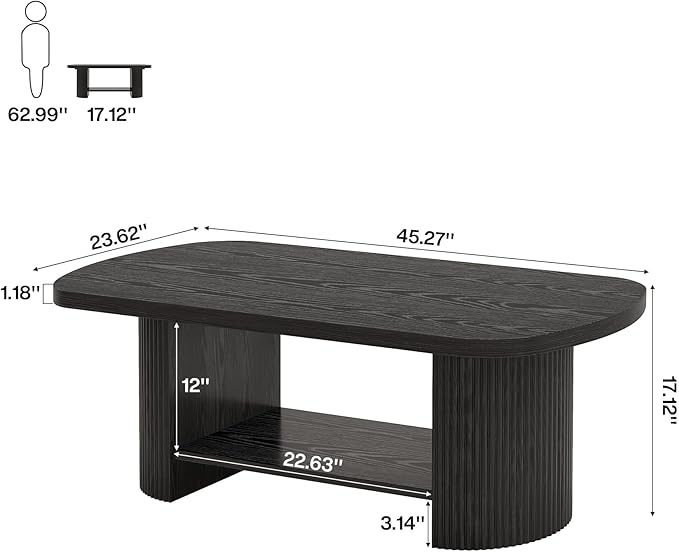 Tribesigns Oval Coffee Table, Mid-Century 2-Tier Coffee Table with Storage Shelf, Modern 45.27" Accent Center Table with Wooden Dual Base for Living Room Bedroom Apartment (Black)