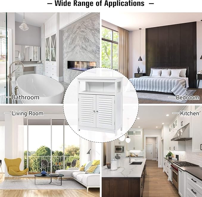 Tangkula Bathroom Floor Cabinet, Wooden Freestanding Storage Cabinet with Double Shutter Door & Adjustable Shelf, Storage Cabinet for Bathroom Living Room (White)