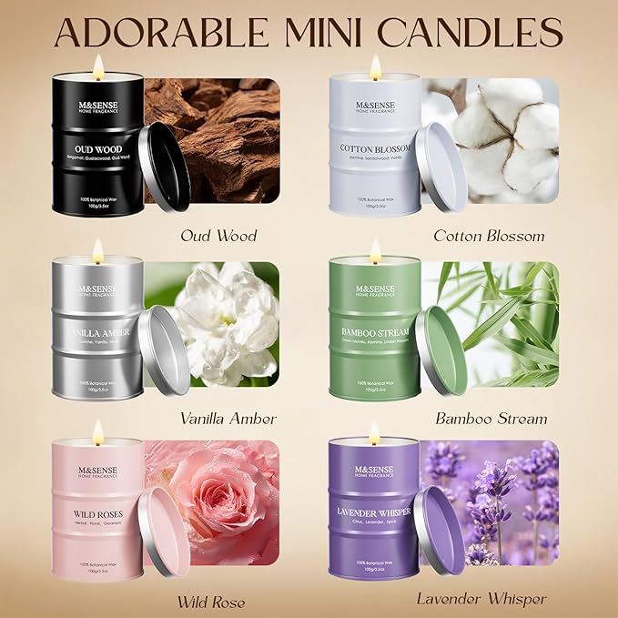 Mini Candle Set | Scented Candles Set | 6 Pack Candles for Home Scented Candle,Oud Wood,Cotton Blossom,Vanilla Amber,Bamboo Rose Lavender Candle,Gift Set for Women and Men,Soy Wax 21 oz 105 Hour