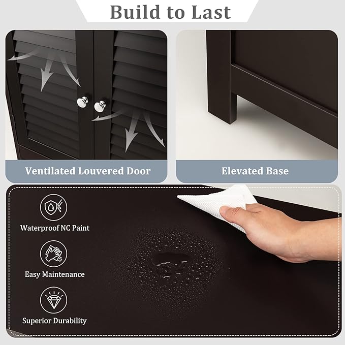 Tangkula Bathroom Floor Cabinet, Wooden Freestanding Storage Cabinet with Double Shutter Door & Adjustable Shelf, Storage Cabinet for Bathroom Living Room (Brown)