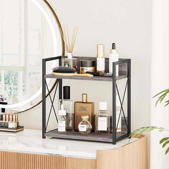 Giikin Coffee Bar Accessories, 2 Tier Spice Rack for Counter, Gray Kitchen Countertop Organizer (Grey, L)