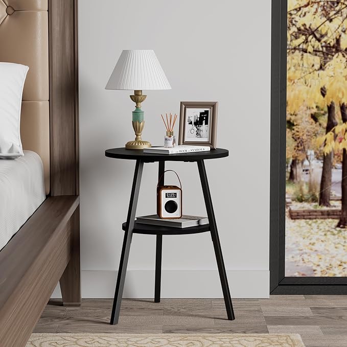 INHABIT UNION Round Side Table 2 Tier End Table Small Accent Table Black Sofa Table for Living Room/Bedroom, with Wooden Boards Storage