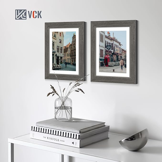 VCK 8x10 Picture Frame Set of 4 - Grey, Gallery-Quality Wood Poster Frames, 1.1-Inch Wide Border, Polished Plexiglass, Vertical or Horizontal Wall & Tabletop Display for Photo/Art/Prints, Grey