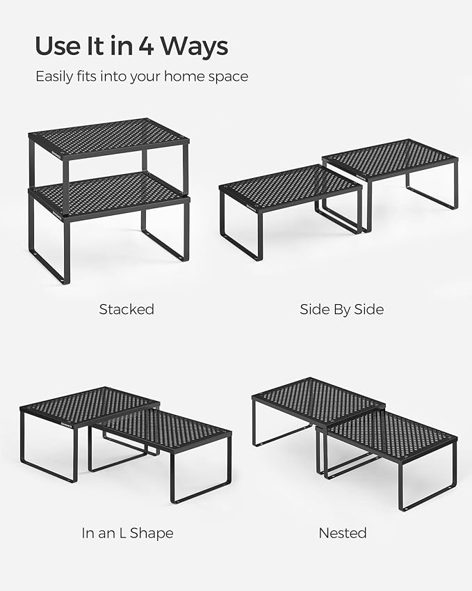 SONGMICS Spice Racks, Set of 2 Metal Cabinet Shelf Organizers, Countertop Organizers, Shelf Risers, Stackable, Expandable, Ink Black UKCS001B01