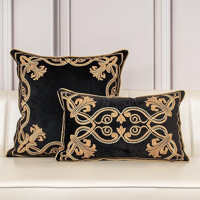 Aeckself Floral Pillow Cover 18x18 Inch, Velvet Embroidered Decorative Farmhouse Accent Throw Pillow Cover for Couch Bedroom Living Room, Black and Gold