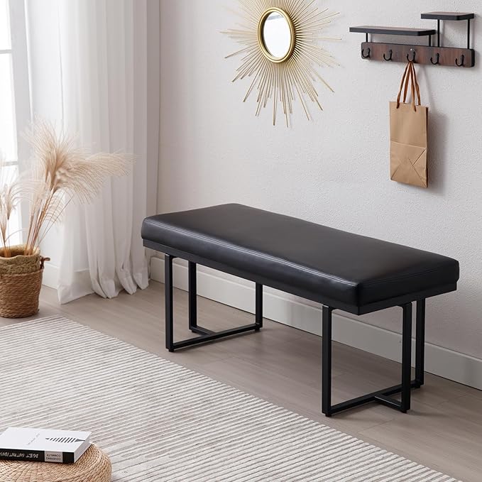45" Modern Ottoman Bench for Bedroom, Black Faux Leather Upholstered Entryway Bench with Soft Cozy Cushion End of Bed Bench Kitchen Bench with Black Metal Frame for Living Room/Window/Hallway