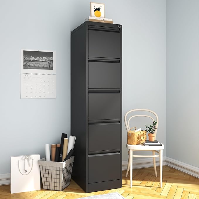 File Cabinet, Vertical File Cabinets with Lock for Home Office,Heavy Duty Office Steel Filing Cabinet for Hanging Letters/Legal/A4, Assembly Required (Black, 5 Drawers)