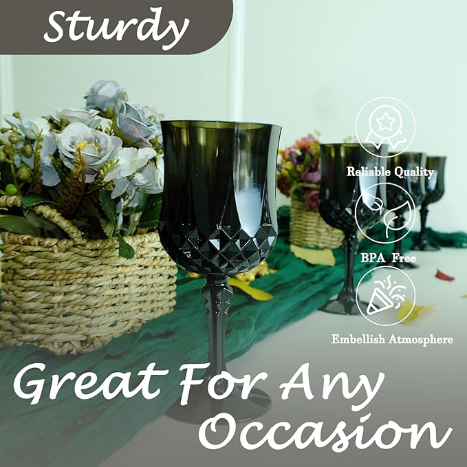 Plastic Wine Glasses,Plastic Goblets Vintage Style Cordial Drinking Glasses for Wedding Reception, Grand Event Party Supplies (48, Black)