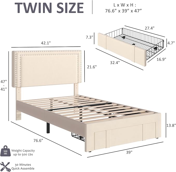 VECELO Twin Platform Bed Frame with Storage Drawer, Adjustable Velvet Rivet Headboard, Wooden Slats Support, No Box Spring Needed, Easy Assembly