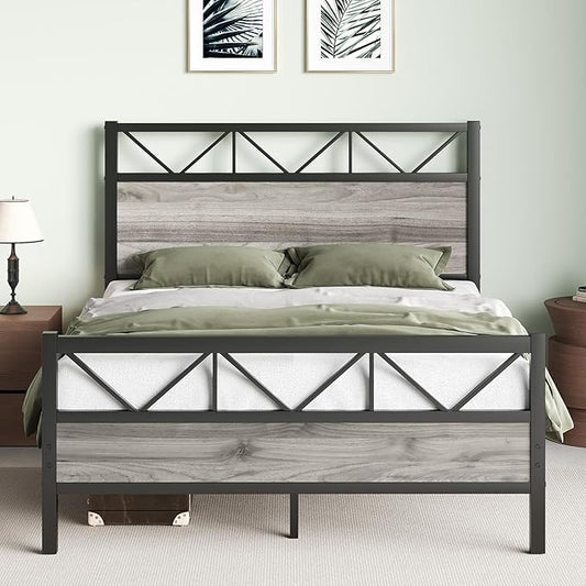 Bed Frame Queen Size, Queen Bed Frames with 51.2" Tall Industrial Headboard, Queen Platform Bed Frame with Strong Steel Slats Support, Noise Free, No Box Spring Needed, Easy Assembly, Rustic Brown