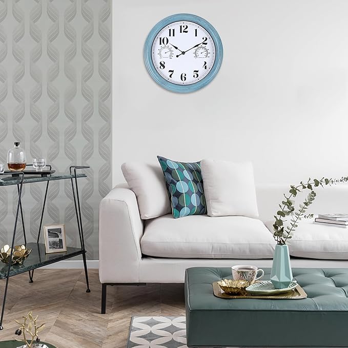 12 inch Outdoor Wall Clock, Plastic Waterproof Outdoor Clock with Temperature & Humidity, Water Resistant Wall Clocks for Patio Garden, Green