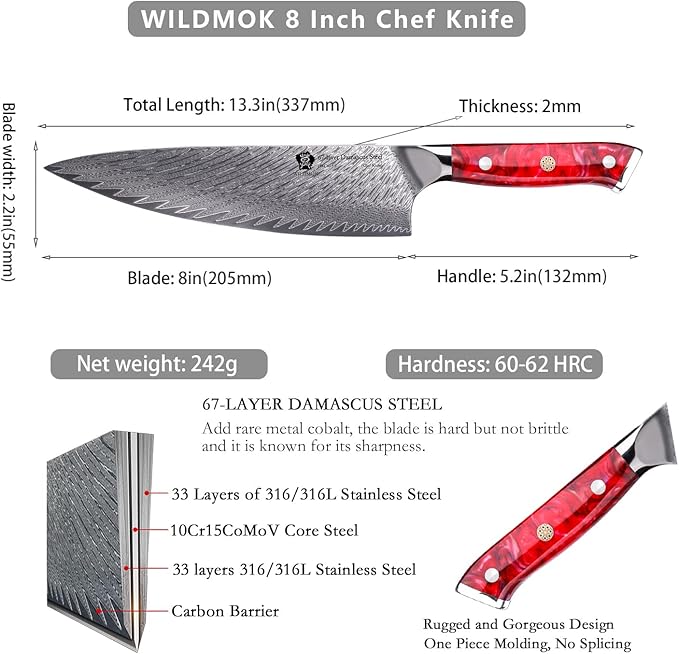 WILDMOK Chef Knife,8 inch Damascus Japanese Chef Knife, professional sharp Damascus kitchen knife,Red Resin Handle Kitchen Cooking chef's knives