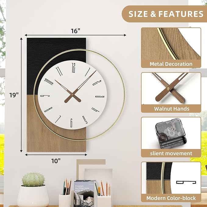 19x16 Inch Modern Silent Wall Clock Battery Operated, Wooden Farmhouse Decorative Clocks for Living Room, Bedroom, Kitchen, Office & Hallway – Non-Ticking Quiet Design