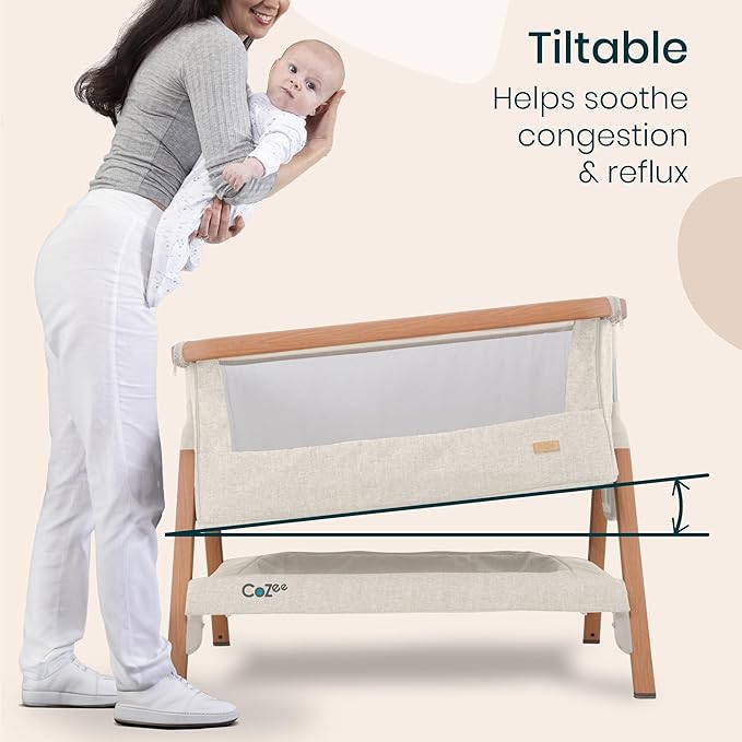 CoZee® 2-in-1 Baby Bassinet & Bedside Sleeper - Fast-Folding Bedside Bassinet, Baby Crib with 6 Mattress Heights & Breathable Mesh Window, Mattress Included, 0-6 Months (Walnut & Ecru)