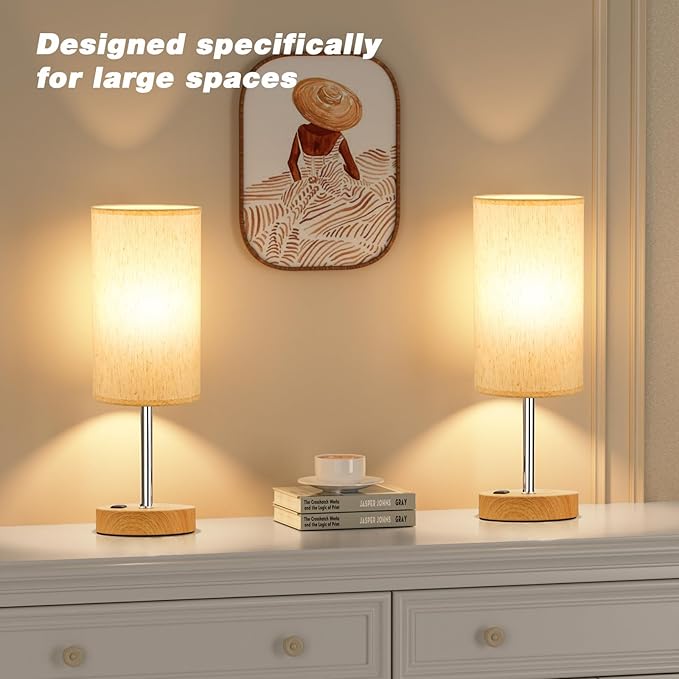 Touch Table Lamp - Cream, 3-Way Dimmable, USB A + C Charging, AC Outlet, 17.4inch Medium, Wood Grain Base