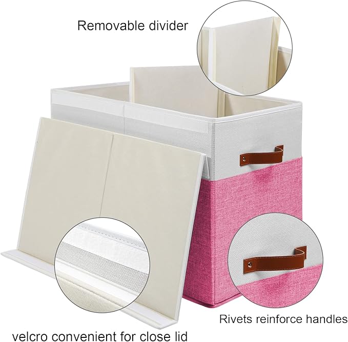 Large Toy Box with Lid, Sturdy Toy Storage Chest Bin Boxes Organizer Basket with Dividers for Toddlers, Kids, Boys, Girls, Nursery, Closet, Bedroom, Playroom 25"x13" x16" (Pink and White)
