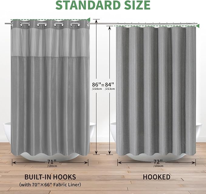 Extra Long No Hook Shower Curtain with Snap-in Fabric Liner Set,Grey Waffle Weave Shower Curtains for Bathroom,Hotel Luxury Decor Bathroom Curtain Set,Waterproof & Washable,71Wx86H