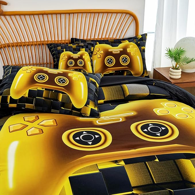 PERFEMET 6 Pcs Twin Bed in A Bag for Boys Girls Black Gold Video Game Comforter Set with Sheets Soft Cozy 3D Gamepad Gaming Bedding Set for All Seasons(Gold, Twin)