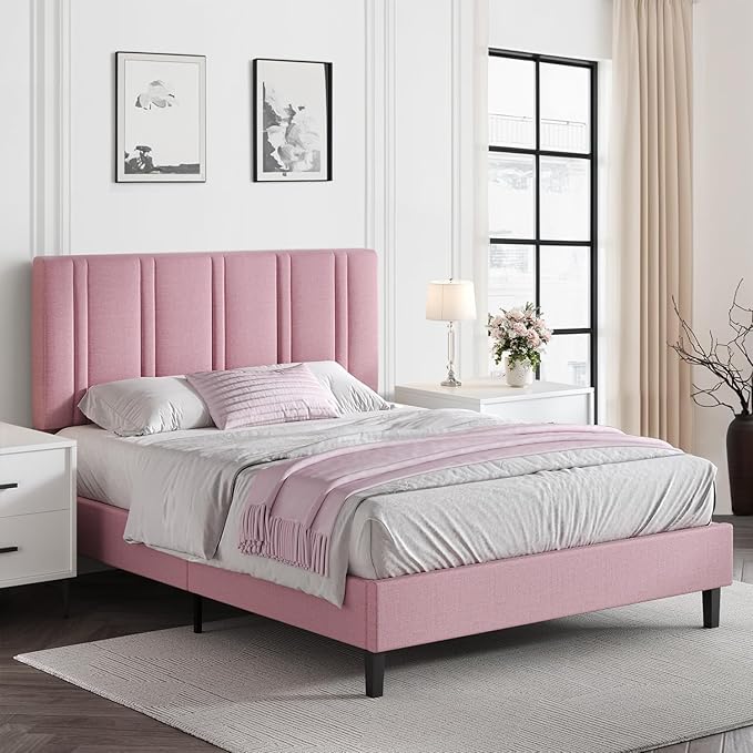 Full Bed Frames with Tufted Headboard, Upholstered Platform Bed with Wooden Slats Support, Princess Bed Frame for Girls, Easy Assembly, No Box Spring Required, Pink
