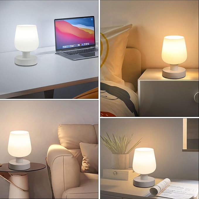 Touch Bedside Table Lamp, Dimmable Small Table Lamp for Bedroom with White Opal Glass Lamp Shade and LED Bulb, Modern Nightstand Lamps, Desk Lamp with Plug for Living Room Bed