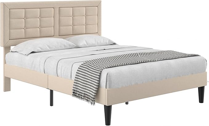VECELO Full Size Bed Frame with Adjustable Headboard, Upholstered Button Tufted Platform Bedframe with Wood Slats Support, No Box Spring Needed, Beige