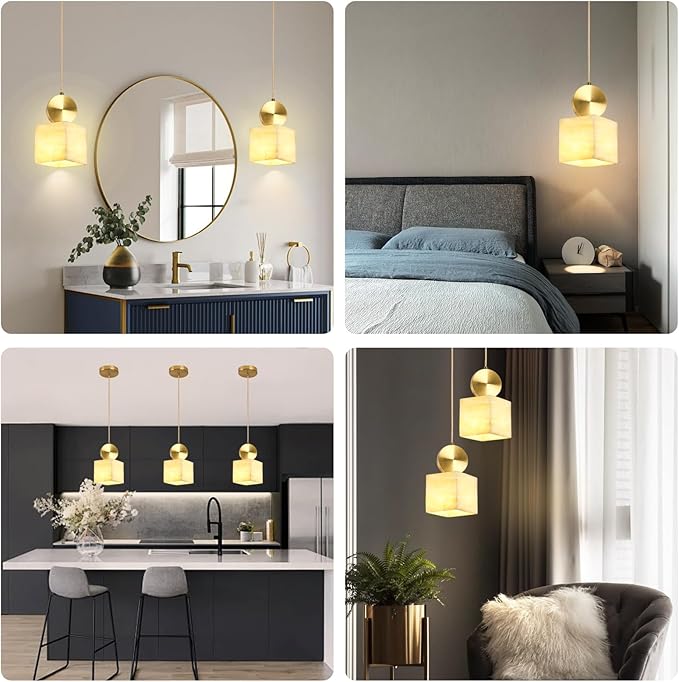Natural Alabaster Pendant Lights Kitchen Island, White Pendant Light Fixtures, Light Pendan Marble Shade, for Bedroom Bathroom Dining Room Living Room (Bulbs INCL)