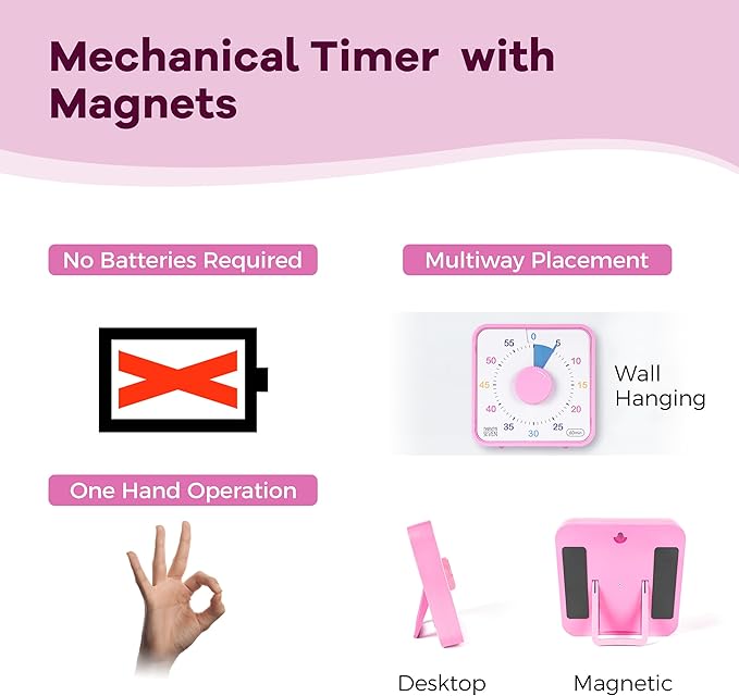 TWENTY5 SEVEN Countdown Timer 7.5 inch, 60 Minute 1 Hour Visual Timer for Classroom Teaching Tool Office Meeting, Mechanical Countdown Clock for Kids Exam Time Management Magnetic, Ombre Pink Macarons