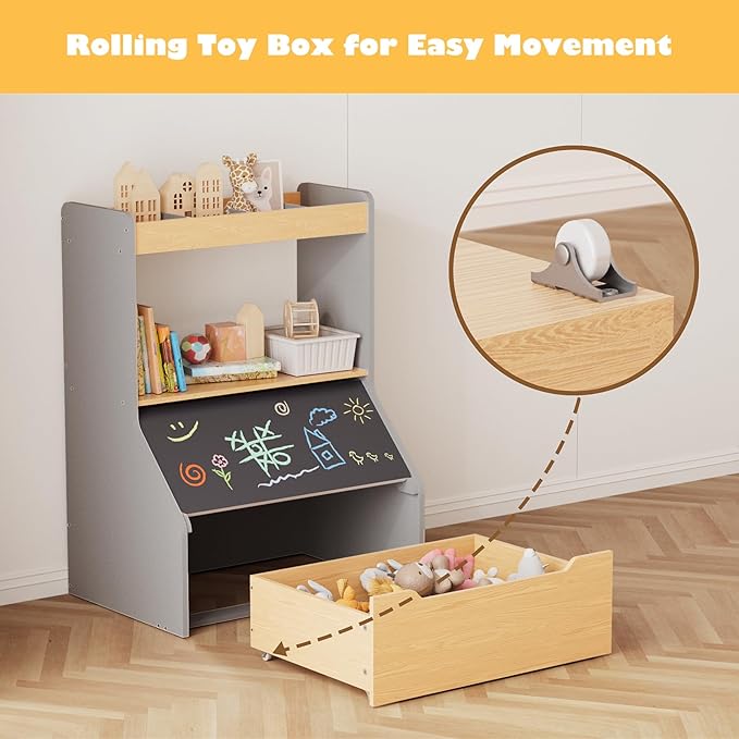 KORIMEFA 37.4" Tall Toy Box & Chalkboard Lid Wood Toddler Bookcase and Kid Toy Storage Bin & Organizer, Gray