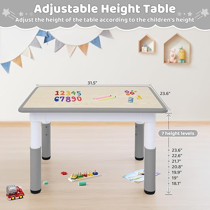 Toddler Table, 7 Level Height Adjustable Kids Play Furniture for Ages 3-8, Rectangular Plastic, 23.6" W x31.5 L, Multi-Activity Desk with Graffiti Desktop for Home & Daycare