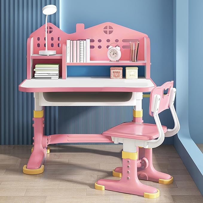 Kids Desk and Chair Set Adjustable School Study Desk with Castle Backboard, Wide Tabletop, Bookstand & Storage Drawer for Children's Room Pink (Pink)