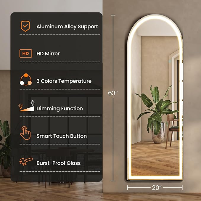 OLIXIS 20"×63" Arched Full Length Mirror with Light, LED Floor Full Body Mirror with 3 Color Lighting