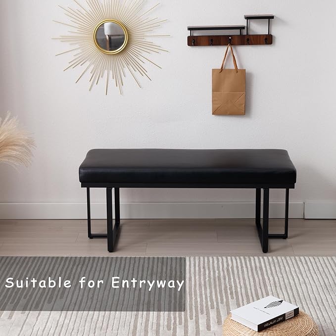 45" Modern Ottoman Bench for Bedroom, Black Faux Leather Upholstered Entryway Bench with Soft Cozy Cushion End of Bed Bench Kitchen Bench with Black Metal Frame for Living Room/Window/Hallway