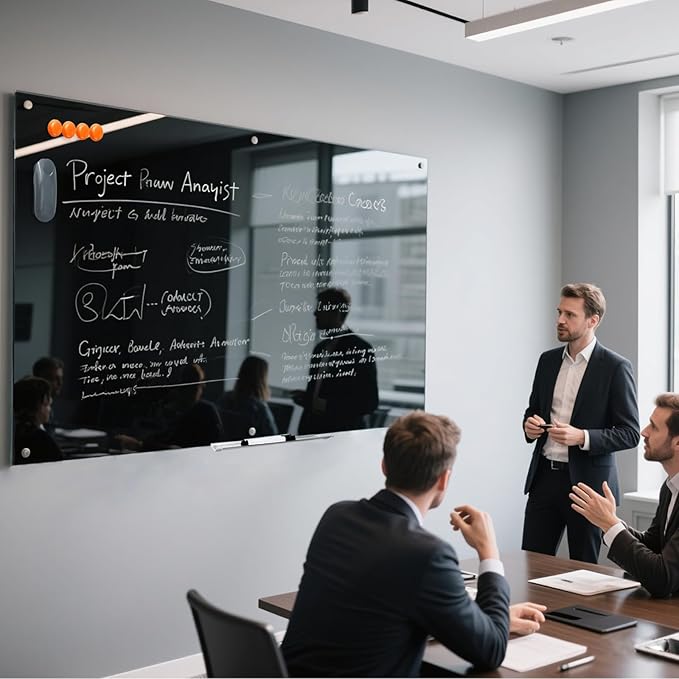 Black Glass Dry Erase Board - 72"X48" Magnetic Blackboard Large Frameless Whiteboard Clear Glass Wlack Boards with Super Strong Magnets, Wall Mounted for Office, School and Home