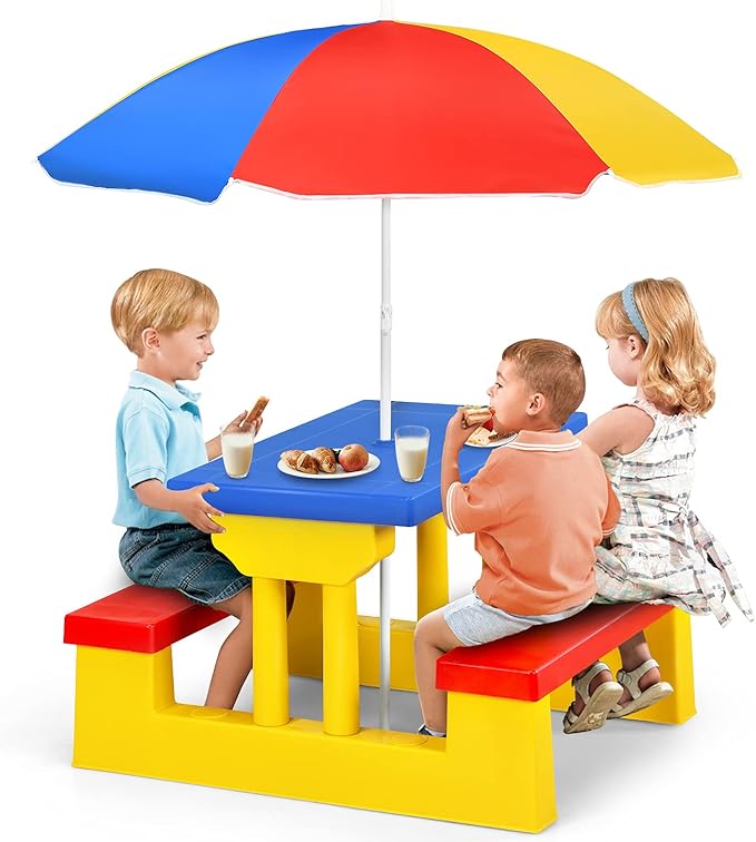 HONEY JOY Kids Picnic Table, Toddler Plastic Outdoor Table & Bench Set with Umbrella, Children Patio Furniture Set for Backyard Garden, Kids Picnic Tables for Outdoors, Gift for Boys Girls Age 3+