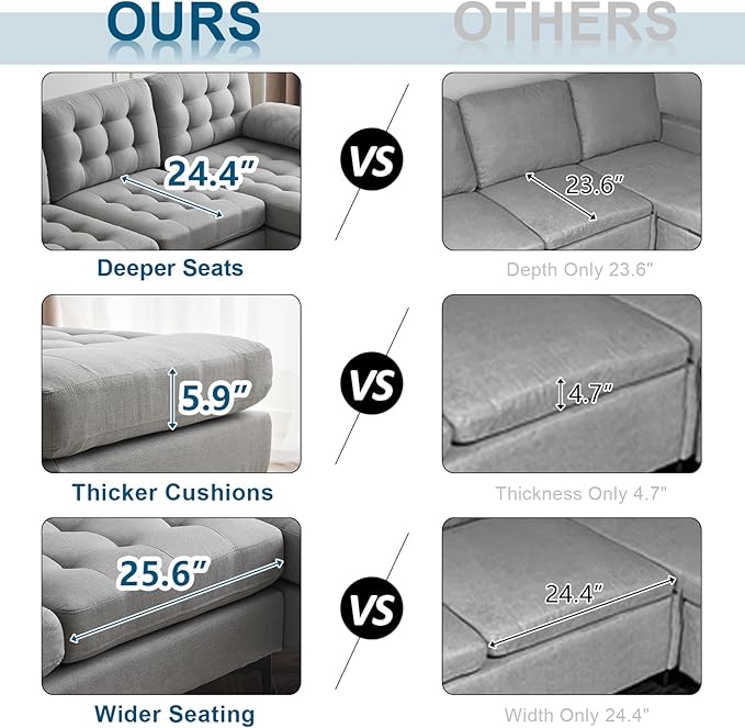 VINGLI 110" Modern U Shaped Sectional Sofa Couch with 51"D Double Chaise for Living Room, Large Tufted Button Couch Sets with 5.9" Thickness Seating Padding for Small Spaces (Light Grey,Tufted Button)