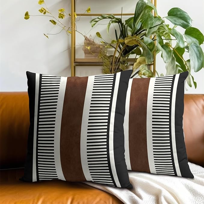Kawani Boho Decorative Throw Pillow Covers 24x24 Inch Black White Brown Stripe Pillow Covers Set of 2 Farmhouse Rustic Decorative Pillows Modern Geometric Pillow Cases for Couch Decor