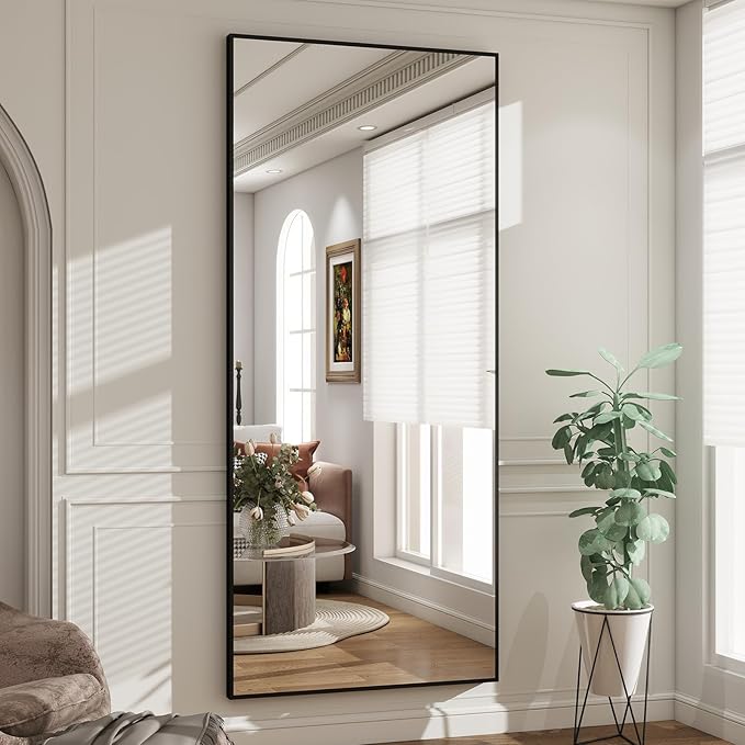 BEAUTYPEAK Full Length Mirror with Stand, 65"x24" Floor Mirror with Aluminum Alloy Thin Frame, ShatterVue Tempered Full Body Mirrors, Free Standing or Wall-Mounted Mirrors for Living Room, Black